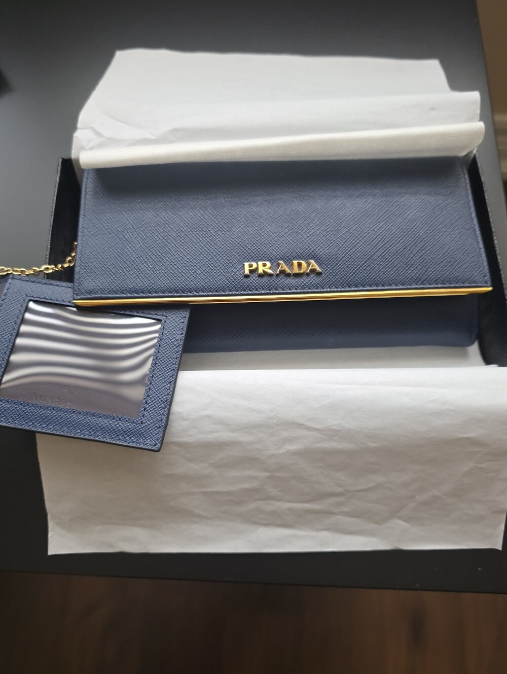 Prada Navy Saffiano Leather Flap Wallet with Card ID Window